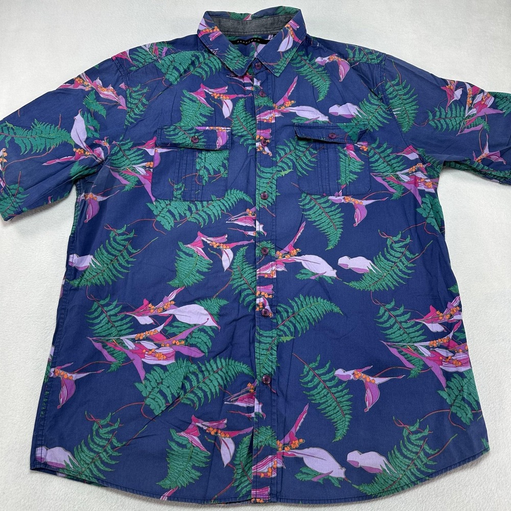 Sean John Shirt Mens 3XL Blue Floral Tropical‎ Button Front Short Sleeve Cotton